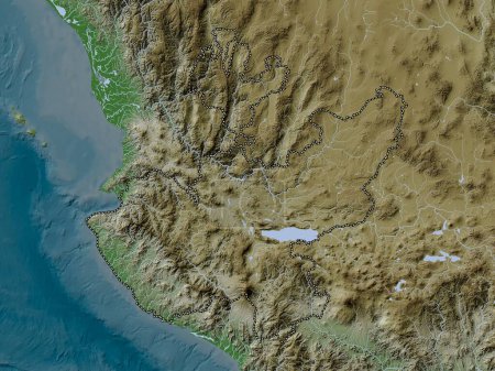 Foto de Jalisco, estado de México. Mapa de elevación coloreado en estilo wiki con lagos y ríos - Imagen libre de derechos