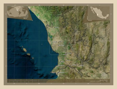 Nayarit, État du Mexique. Carte satellite haute résolution. Emplacements et noms des grandes villes de la région. Corner cartes de localisation auxiliaires