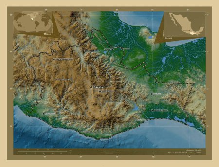 Oaxaca, estado de México. Mapa de elevación de colores con lagos y ríos. Ubicaciones y nombres de las principales ciudades de la región. Mapas de ubicación auxiliares de esquina