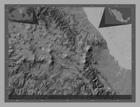 Foto de Puebla, estado de México. Mapa de elevación de Bilevel con lagos y ríos. Ubicaciones de las principales ciudades de la región. Mapas de ubicación auxiliares de esquina - Imagen libre de derechos