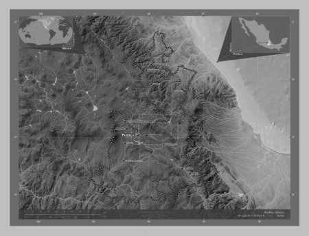 Foto de Puebla, estado de México. Mapa de elevación a escala de grises con lagos y ríos. Ubicaciones y nombres de las principales ciudades de la región. Mapas de ubicación auxiliares de esquina - Imagen libre de derechos