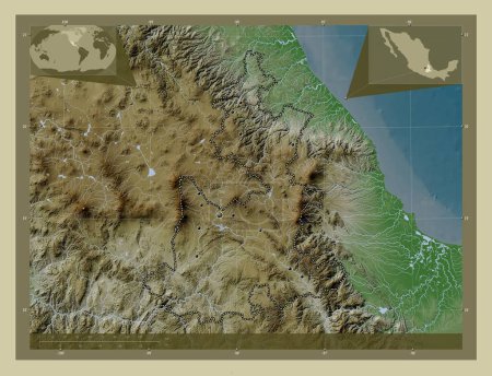 Foto de Puebla, estado de México. Mapa de elevación coloreado en estilo wiki con lagos y ríos. Ubicaciones de las principales ciudades de la región. Mapas de ubicación auxiliares de esquina - Imagen libre de derechos