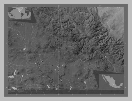 Foto de Querétaro, estado de México. Mapa de elevación a escala de grises con lagos y ríos. Ubicaciones de las principales ciudades de la región. Mapas de ubicación auxiliares de esquina - Imagen libre de derechos