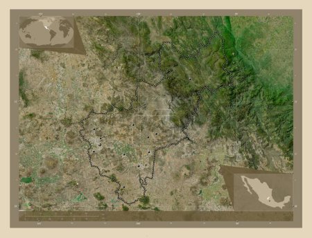 Foto de Querétaro, estado de México. Mapa satelital de alta resolución. Ubicaciones de las principales ciudades de la región. Mapas de ubicación auxiliares de esquina - Imagen libre de derechos