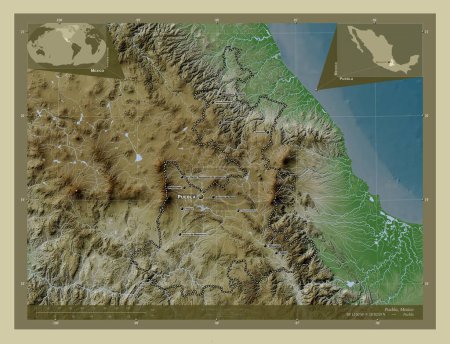 Foto de Puebla, estado de México. Mapa de elevación coloreado en estilo wiki con lagos y ríos. Ubicaciones y nombres de las principales ciudades de la región. Mapas de ubicación auxiliares de esquina - Imagen libre de derechos