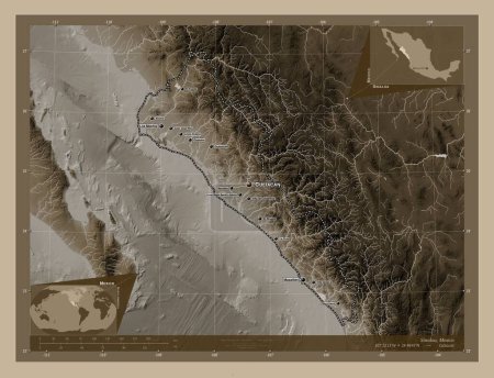Téléchargez les photos : Sinaloa, État du Mexique. Carte d'altitude colorée dans des tons sépia avec des lacs et des rivières. Emplacements et noms des grandes villes de la région. Corner cartes de localisation auxiliaires - en image libre de droit