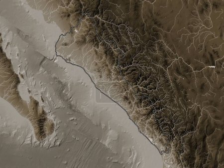 Téléchargez les photos : Sinaloa, État du Mexique. Carte d'altitude colorée dans des tons sépia avec des lacs et des rivières - en image libre de droit