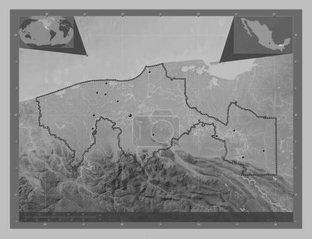Photo for Tabasco, state of Mexico. Grayscale elevation map with lakes and rivers. Locations of major cities of the region. Corner auxiliary location maps - Royalty Free Image