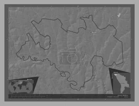 Téléchargez les photos : Briceni, district de Moldavie. Carte d'altitude de Bilevel avec lacs et rivières. Emplacements et noms des grandes villes de la région. Corner cartes de localisation auxiliaires - en image libre de droit
