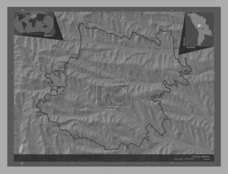 Téléchargez les photos : Calarasi, district de Moldavie. Carte d'altitude de Bilevel avec lacs et rivières. Emplacements et noms des grandes villes de la région. Corner cartes de localisation auxiliaires - en image libre de droit