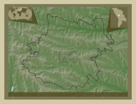 Téléchargez les photos : Calarasi, district de Moldavie. Carte d'altitude colorée dans le style wiki avec des lacs et des rivières. Corner cartes de localisation auxiliaires - en image libre de droit