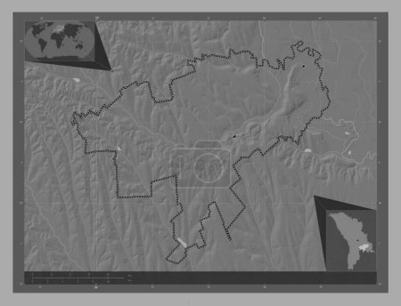 Téléchargez les photos : Causeni, district de Moldavie. Carte d'altitude de Bilevel avec lacs et rivières. Emplacements des grandes villes de la région. Corner cartes de localisation auxiliaires - en image libre de droit