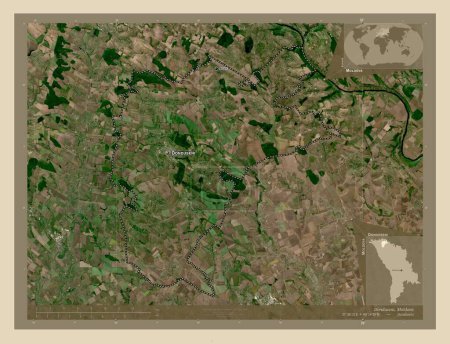 Téléchargez les photos : Donduseni, district de Moldavie. Carte satellite haute résolution. Emplacements et noms des grandes villes de la région. Corner cartes de localisation auxiliaires - en image libre de droit