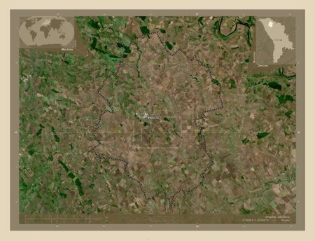 Téléchargez les photos : Drochia, district de Moldavie. Carte satellite haute résolution. Emplacements et noms des grandes villes de la région. Corner cartes de localisation auxiliaires - en image libre de droit
