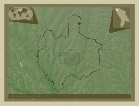 Téléchargez les photos : Edinet, district de Moldavie. Carte d'altitude colorée dans le style wiki avec des lacs et des rivières. Corner cartes de localisation auxiliaires - en image libre de droit