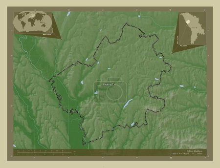 Téléchargez les photos : Falesti, district de Moldavie. Carte d'altitude colorée dans le style wiki avec des lacs et des rivières. Emplacements et noms des grandes villes de la région. Corner cartes de localisation auxiliaires - en image libre de droit