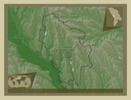 Téléchargez les photos : Nisporeni, district de Moldavie. Carte d'altitude colorée dans le style wiki avec des lacs et des rivières. Corner cartes de localisation auxiliaires - en image libre de droit