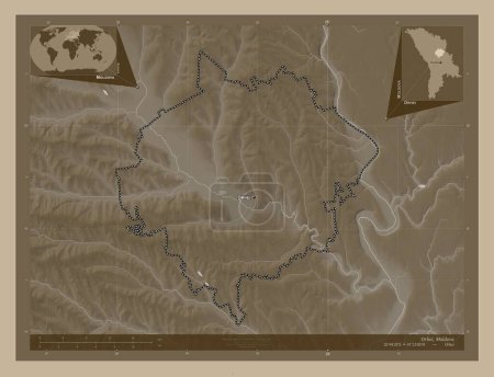 Téléchargez les photos : Orhei, district de Moldavie. Carte d'altitude colorée dans des tons sépia avec des lacs et des rivières. Emplacements et noms des grandes villes de la région. Corner cartes de localisation auxiliaires - en image libre de droit