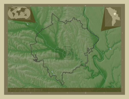 Téléchargez les photos : Orhei, district de Moldavie. Carte d'altitude colorée dans le style wiki avec des lacs et des rivières. Corner cartes de localisation auxiliaires - en image libre de droit