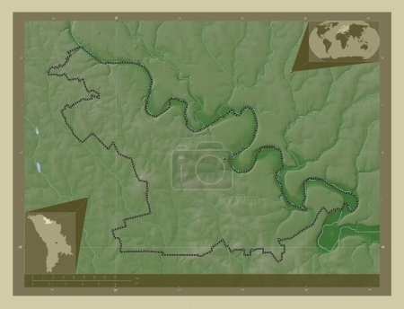 Téléchargez les photos : Soroca, district de Moldavie. Carte d'altitude colorée dans le style wiki avec des lacs et des rivières. Corner cartes de localisation auxiliaires - en image libre de droit