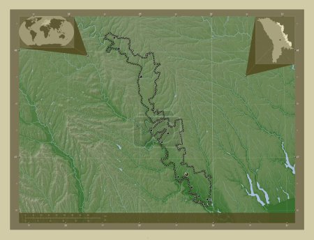Téléchargez les photos : Transnistrie, unité territoriale de Moldavie. Carte d'altitude colorée dans le style wiki avec des lacs et des rivières. Emplacements des grandes villes de la région. Corner cartes de localisation auxiliaires - en image libre de droit