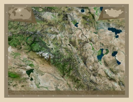 Foto de Bayan-Olgiy, provincia de Mongolia. Mapa satelital de alta resolución. Ubicaciones de las principales ciudades de la región. Mapas de ubicación auxiliares de esquina - Imagen libre de derechos