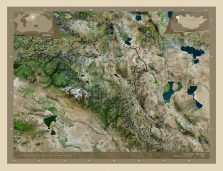 Foto de Bayan-Olgiy, provincia de Mongolia. Mapa satelital de alta resolución. Ubicaciones y nombres de las principales ciudades de la región. Mapas de ubicación auxiliares de esquina - Imagen libre de derechos