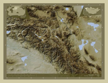 Foto de Bayan-Olgiy, provincia de Mongolia. Mapa de elevación coloreado en estilo wiki con lagos y ríos. Ubicaciones y nombres de las principales ciudades de la región. Mapas de ubicación auxiliares de esquina - Imagen libre de derechos