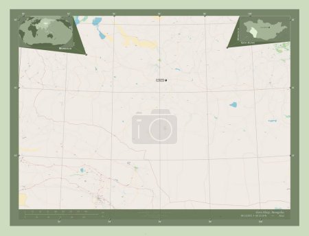 Govi-Altay, province of Mongolia. Open Street Map. Locations and names of major cities of the region. Corner auxiliary location maps