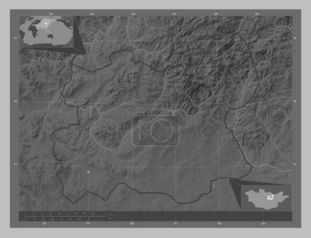 Foto de Tov, provincia de Mongolia. Mapa de elevación a escala de grises con lagos y ríos. Mapas de ubicación auxiliares de esquina - Imagen libre de derechos