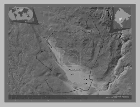 Photo for Danilovgrad, municipality of Montenegro. Grayscale elevation map with lakes and rivers. Locations and names of major cities of the region. Corner auxiliary location maps - Royalty Free Image
