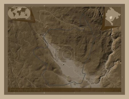Photo for Danilovgrad, municipality of Montenegro. Elevation map colored in sepia tones with lakes and rivers. Corner auxiliary location maps - Royalty Free Image
