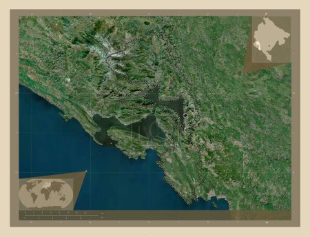 Foto de Kotor, municipio de Montenegro. Mapa satelital de alta resolución. Ubicaciones de las principales ciudades de la región. Mapas de ubicación auxiliares de esquina - Imagen libre de derechos