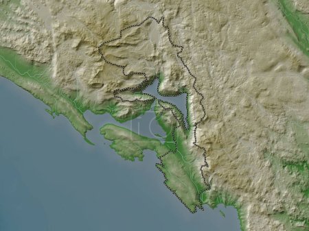Téléchargez les photos : Kotor, municipalité du Monténégro. Carte d'altitude colorée dans le style wiki avec des lacs et des rivières - en image libre de droit