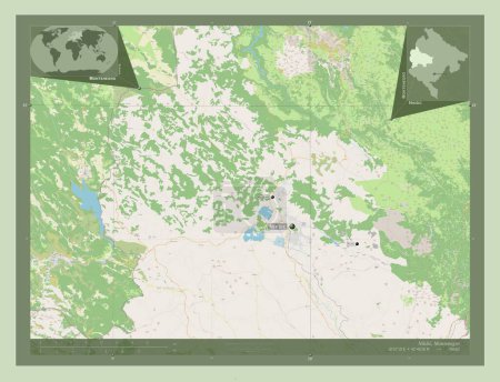 Téléchargez les photos : Niksic, municipalité du Monténégro. Ouvrir la carte routière. Emplacements et noms des grandes villes de la région. Corner cartes de localisation auxiliaires - en image libre de droit