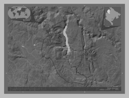 Photo for Pluzine, municipality of Montenegro. Grayscale elevation map with lakes and rivers. Locations and names of major cities of the region. Corner auxiliary location maps - Royalty Free Image