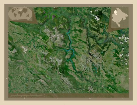Téléchargez les photos : Pluzine, municipalité du Monténégro. Carte satellite haute résolution. Corner cartes de localisation auxiliaires - en image libre de droit
