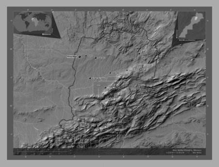 Photo for Beni Mellal-Khenifra, region of Morocco. Bilevel elevation map with lakes and rivers. Locations and names of major cities of the region. Corner auxiliary location maps - Royalty Free Image