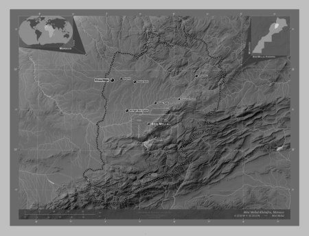 Photo for Beni Mellal-Khenifra, region of Morocco. Grayscale elevation map with lakes and rivers. Locations and names of major cities of the region. Corner auxiliary location maps - Royalty Free Image
