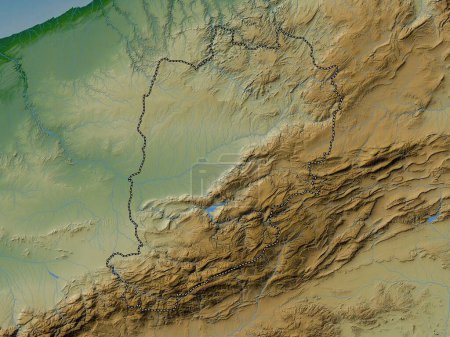 Téléchargez les photos : Beni Mellal-Khenifra, région du Maroc. Carte d'altitude colorée avec lacs et rivières - en image libre de droit