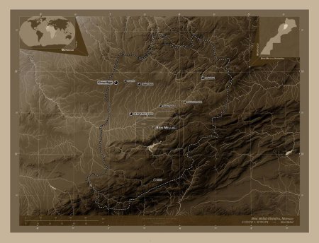 Photo for Beni Mellal-Khenifra, region of Morocco. Elevation map colored in sepia tones with lakes and rivers. Locations and names of major cities of the region. Corner auxiliary location maps - Royalty Free Image