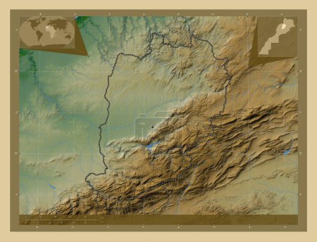 Téléchargez les photos : Beni Mellal-Khenifra, région du Maroc. Carte d'altitude colorée avec lacs et rivières. Corner cartes de localisation auxiliaires - en image libre de droit