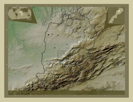 Téléchargez les photos : Beni Mellal-Khenifra, région du Maroc. Carte d'altitude colorée dans le style wiki avec des lacs et des rivières. Emplacements des grandes villes de la région. Corner cartes de localisation auxiliaires - en image libre de droit