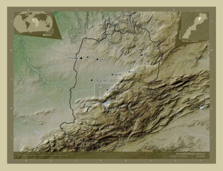 Photo for Beni Mellal-Khenifra, region of Morocco. Elevation map colored in wiki style with lakes and rivers. Locations and names of major cities of the region. Corner auxiliary location maps - Royalty Free Image