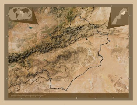 Foto de Draa-Tafilalet jalá Draa-Tafilalet, región de Marruecos. Mapa satelital de baja resolución. Mapas de ubicación auxiliares de esquina - Imagen libre de derechos