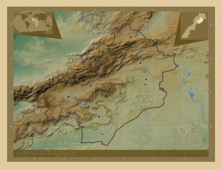 Foto de Draa-Tafilalet jalá Draa-Tafilalet, región de Marruecos. Mapa de elevación de colores con lagos y ríos. Ubicaciones de las principales ciudades de la región. Mapas de ubicación auxiliares de esquina - Imagen libre de derechos