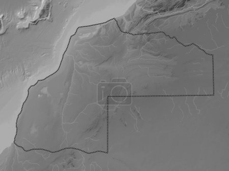 Téléchargez les photos : Laayoune-Sakia El Hamra, région du Maroc. Carte d'altitude en niveaux de gris avec lacs et rivières - en image libre de droit