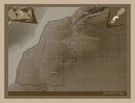 Téléchargez les photos : Laayoune-Sakia El Hamra, région du Maroc. Carte d'altitude colorée dans des tons sépia avec des lacs et des rivières. Emplacements et noms des grandes villes de la région. Corner cartes de localisation auxiliaires - en image libre de droit