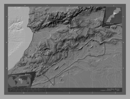 Photo for Souss-Massa, region of Morocco. Bilevel elevation map with lakes and rivers. Locations and names of major cities of the region. Corner auxiliary location maps - Royalty Free Image