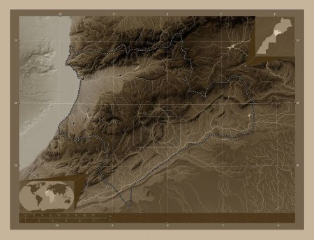 Photo for Souss-Massa, region of Morocco. Elevation map colored in sepia tones with lakes and rivers. Locations of major cities of the region. Corner auxiliary location maps - Royalty Free Image